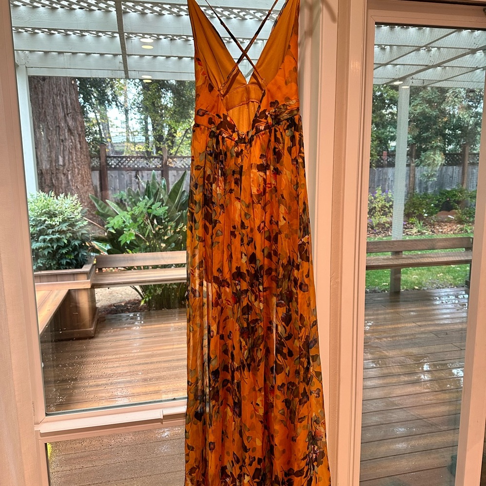 THE VINTAGE SHOP Cross Back Deep-V Plunge Tulle Maxi Dress— size M